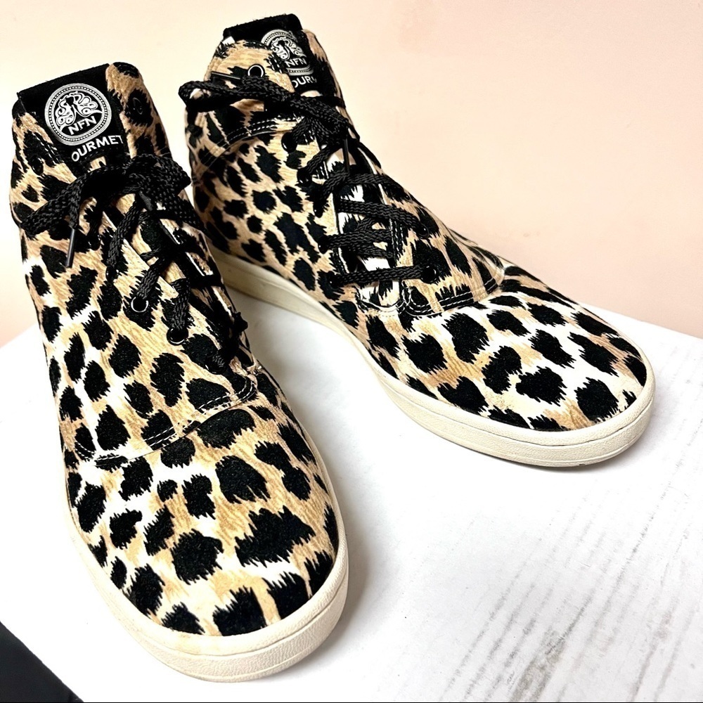 NFN Gourmet Ocelot Dieci II Cheetah Hi Top animal Print Sneakers womens size 10